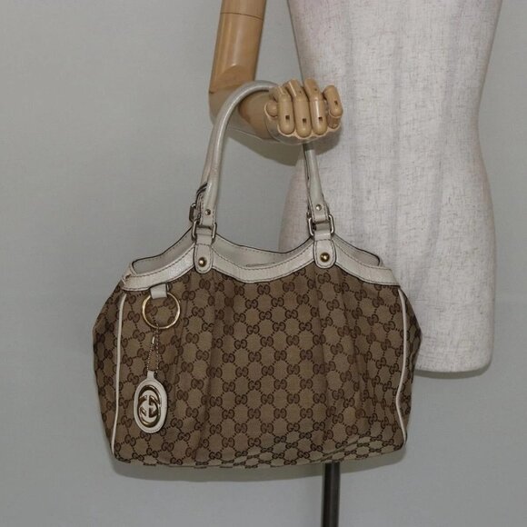 GUCCI GG Canvas Hand Bag Beige Gold 211944 Auth BA7128 - Picture 1 of 16